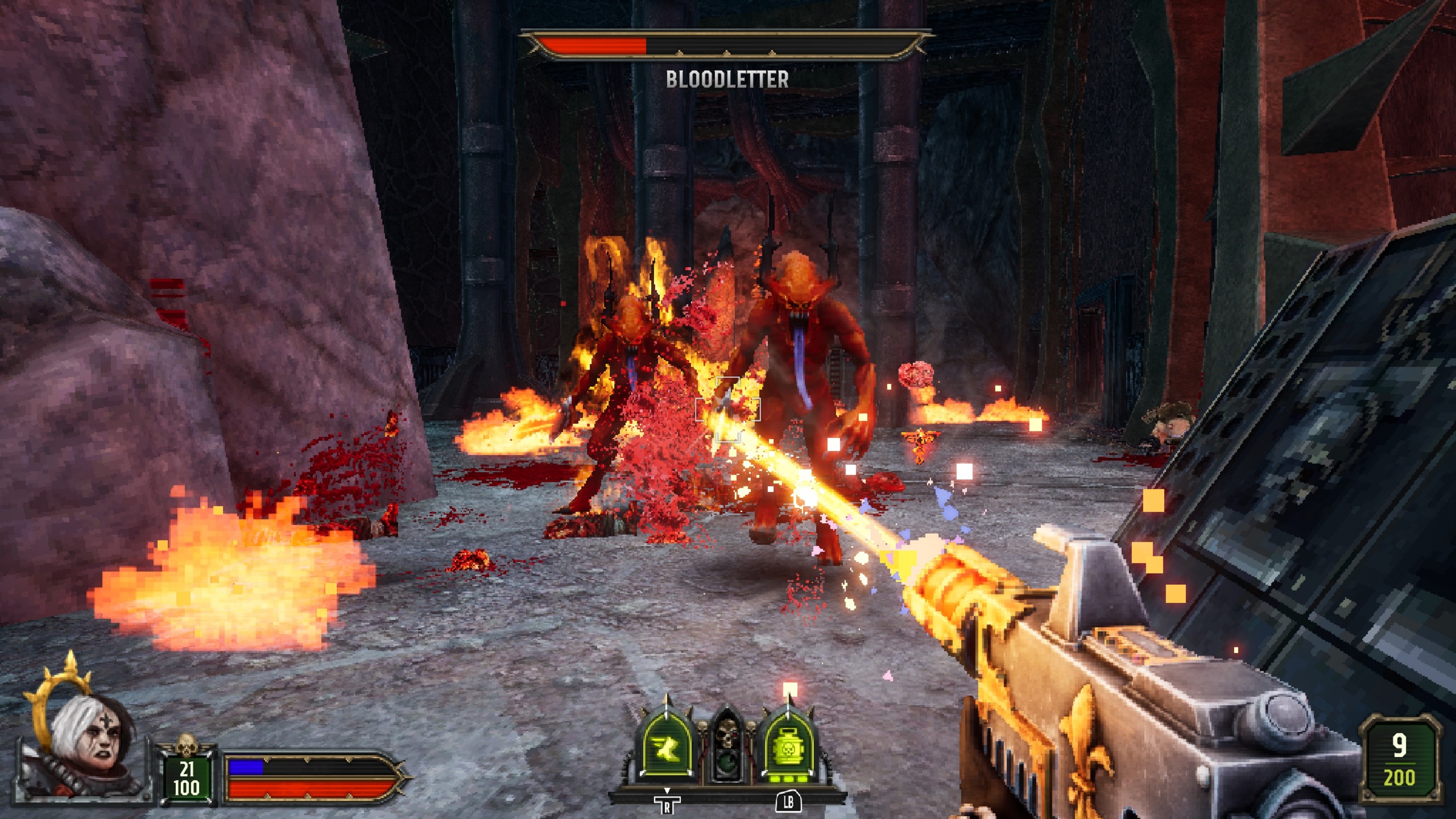 First-person shooter gameplay shows a flaming gun firing at a towering Bloodletter demon in a dark stone arena, amid blood, sparks, and fire.