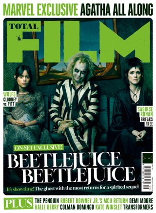 Michael Keaton, Winona Ryder and Jenna Ortega on the newsstand cover of the Beetlejuice Beetlejuice issue of Total Film