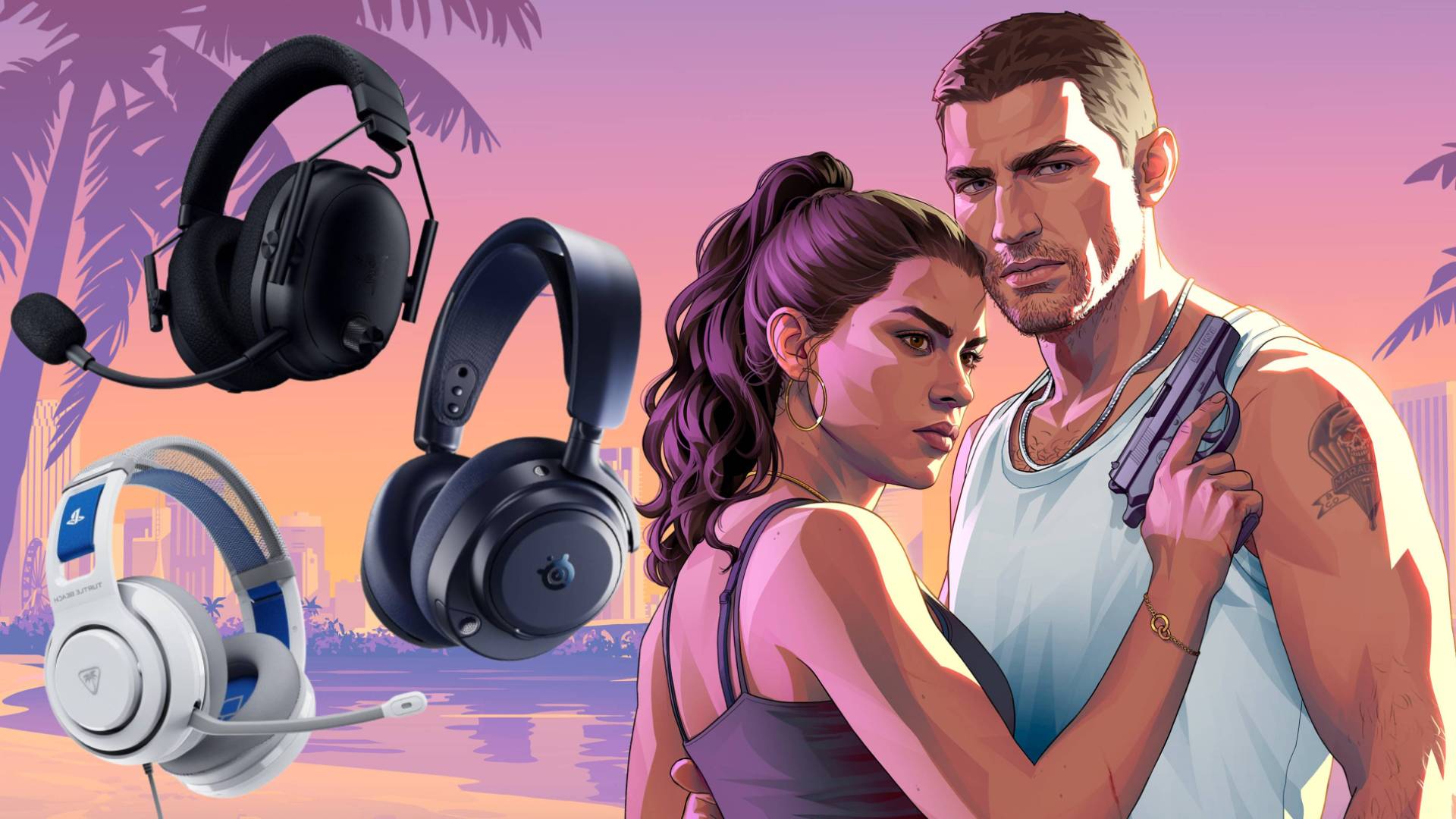 Image of a series of gaming headsets a piece of official GTA 6 artwork by Rockstar games.
