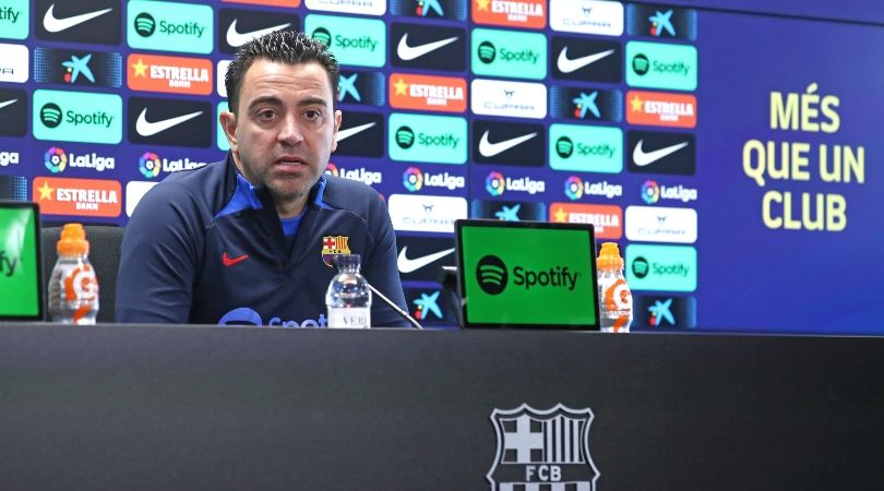 Barcelona coach Xavi Hernandez in a press conference ahead of his team&#039;s game against Real Madrid in LaLiga in March 2023.