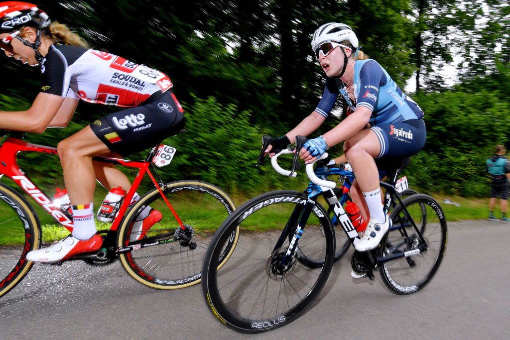GALMAARDEN BELGIUM JUNE 24 Anna Plichta of Poland and Team Lotto Soudal Ladies Elynor Backstedt of The United Kingdom and Team Trek Segafredo during the 9th Lotto Belgium Tour 2021 Stage 2 a 1375km stage from Galmaarden to Galmaarden LottoBelgTour LottoBelgiumTour on June 24 2021 in Galmaarden Belgium Photo by Luc ClaessenGetty Images