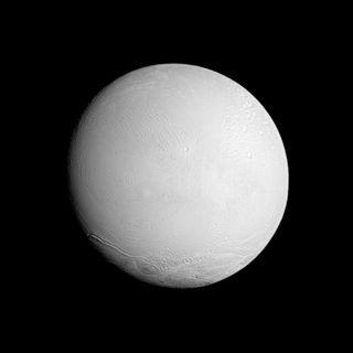 This photo shows the leading hemisphere of Saturn's moon Enceladus. The image was captured on Nov. 6, 2011 by NASA's Cassini spacecraft, when the probe was about 67,700 miles (109,000 kilometers) from the icy moon.