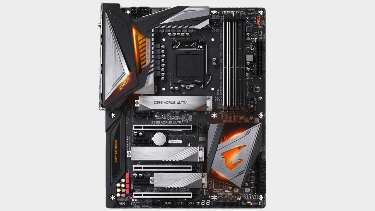 Gigabyte Z390 Aorus Ultra motherboard top down on a grey background