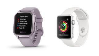Product shots of Garmin Venu Sq and Apple Watch Series 3