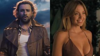 Aaron Taylor-Johnson stands in front of lighting and clouds in The Fall Guy, and Sydney Sweeney smiling in a brown dress in Anyone But You, pictured side by side.
