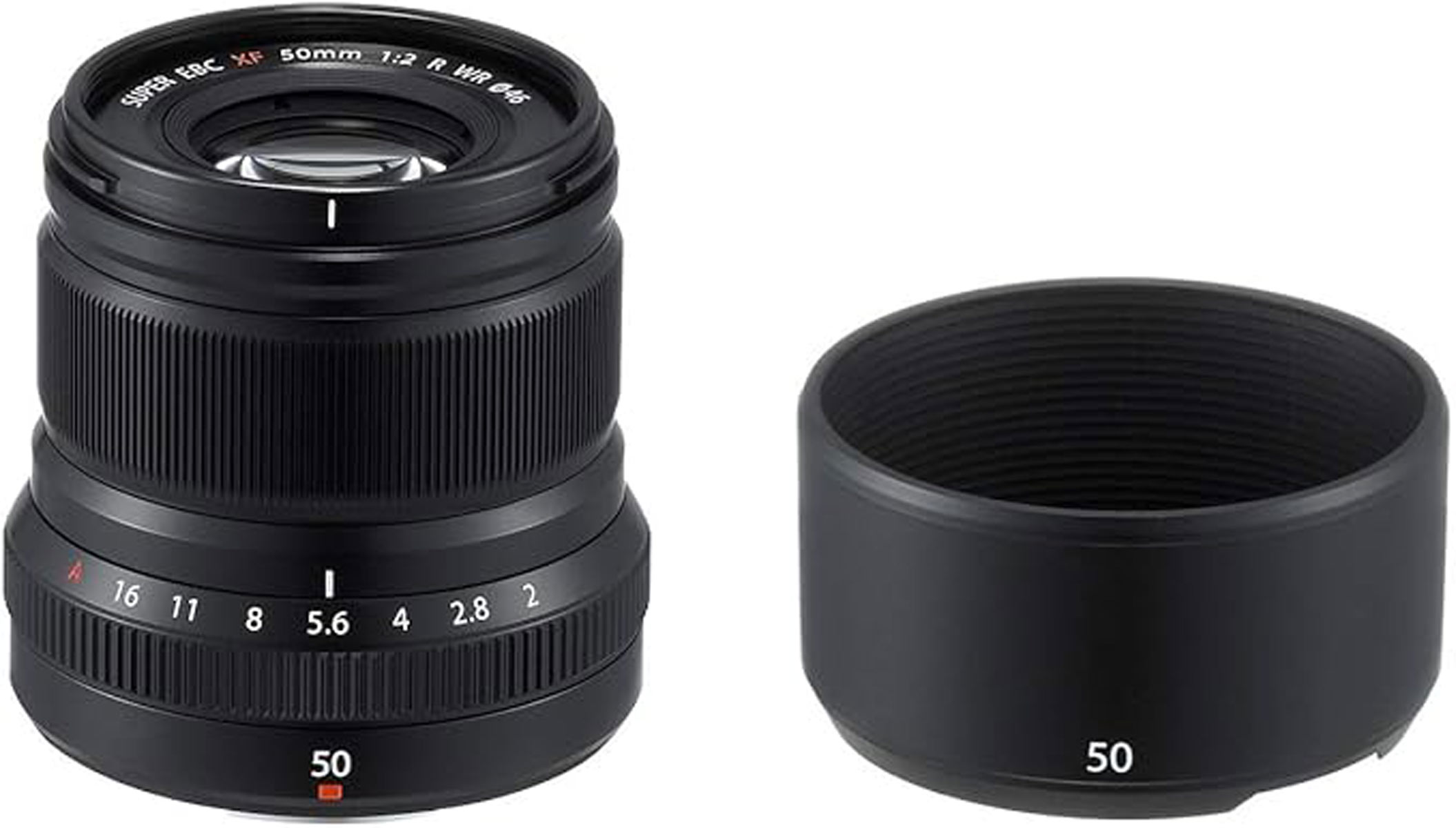 The Fujifilm XF 50mm f/2 R WR lens next to its lens hood