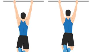 Vector man performing a scapula pull-up on bar