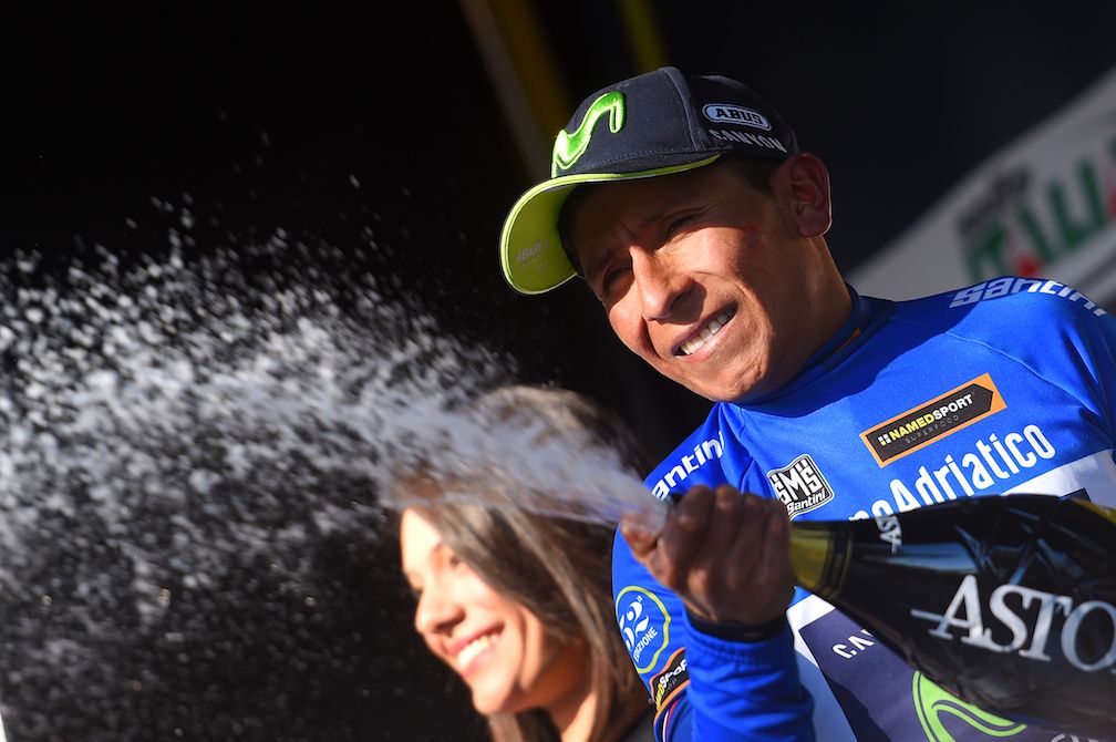 Nairo Quintana celebrates another day in the race lead at Tirreno-Adriatico after stage 5.