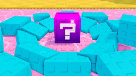 A purple lucky block lands after being kicked in Kick an Uma