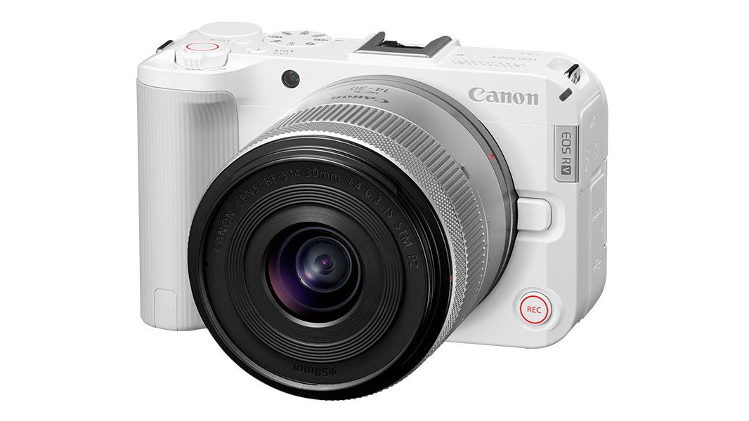 Canon EOS R50 V in white, against a white background