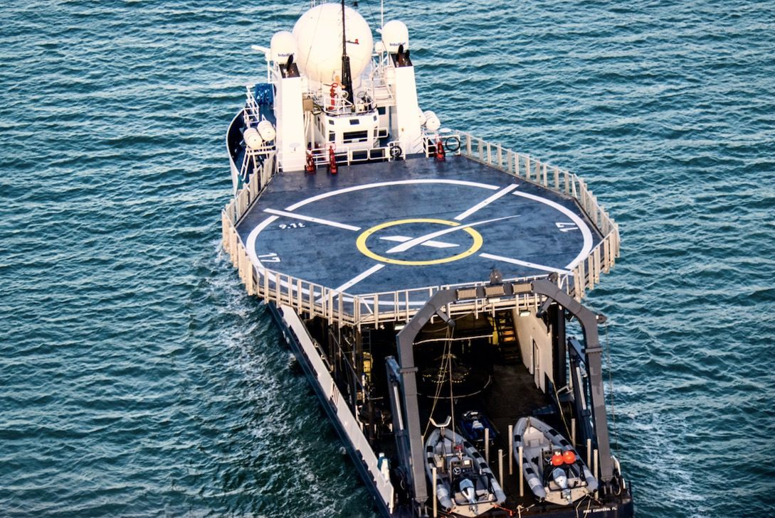 The SpaceX recovery ship Megan heads out of Port Canaveral, Florida on April 23, 2022, to be in position to retrieve the Ax-1 mission&#039;s Dragon capsule on April 25.