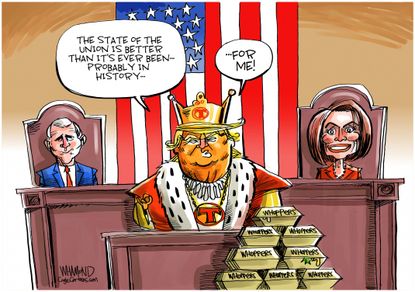 Political Cartoon U.S. King Trump Mike Pence Nancy Pelosi SOTU impeachment whoppers