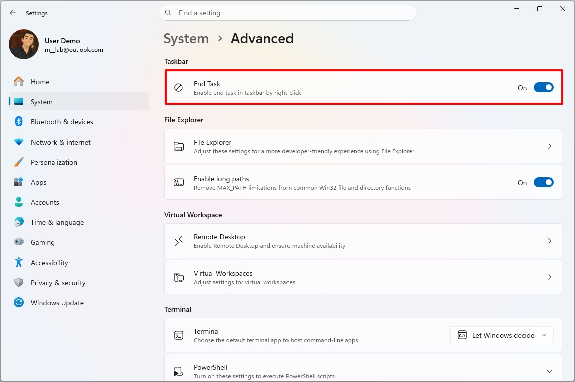 Windows 11 Settings on the Advanced page highlighting the End Task setting.