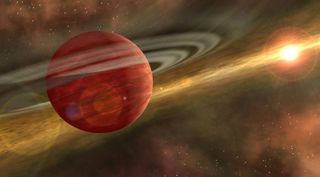 An artist's impression of a young gas giant planet still swathed in traces of a late-stage protoplanetary disk.