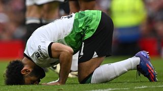 Liverpool forward Mohamed Salah celebrates his goal against Manchester United in the FA Cup at Old Trafford in March 2024.