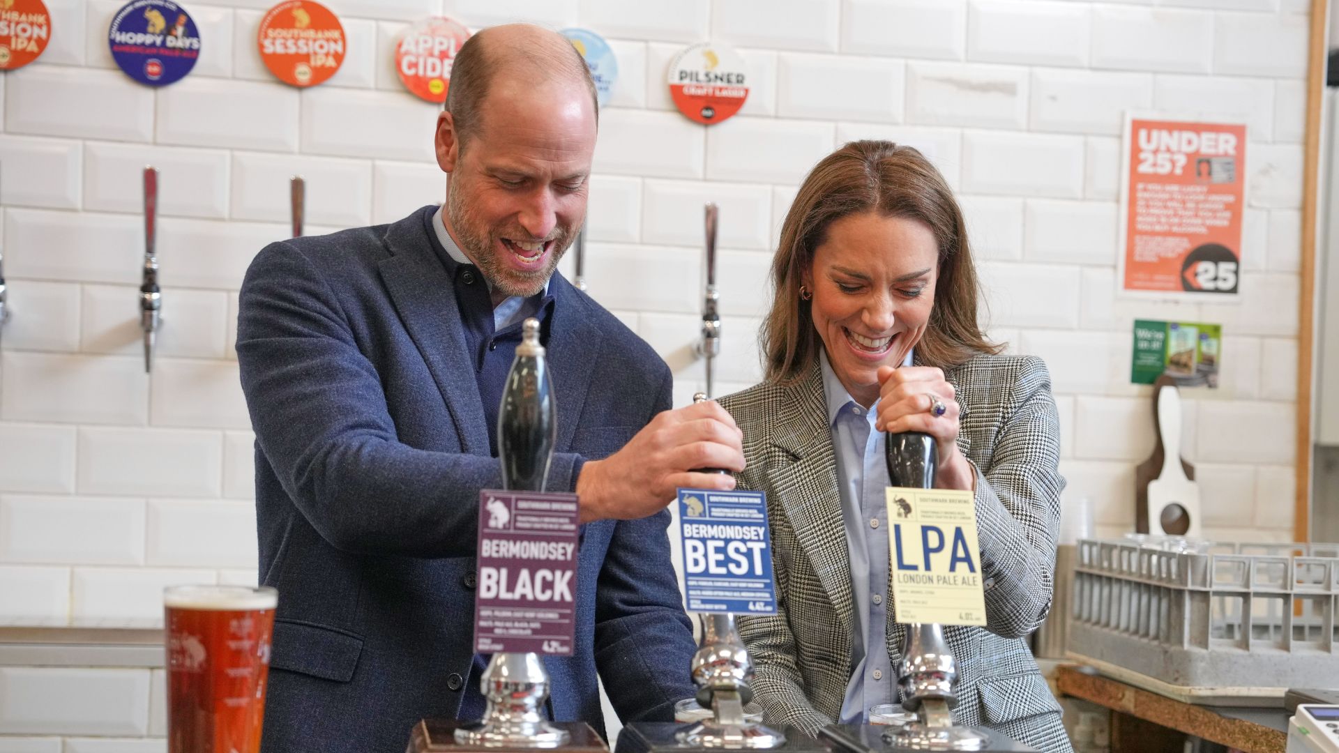 Catherine Princess of Wales, and Prince William draw beers during a visit to the Southwark Brewing Company at the Bermondsey Beer Mile in London, Thursday, March 12, 2026.