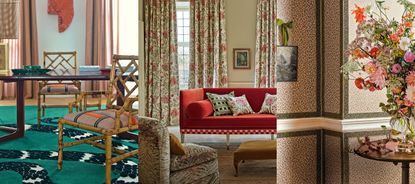 Passementerie ideas. Dining room with embroidered chairs. Living room with red sofa with checkered trim. Fabric wallpaper with leopard print in pink and brown