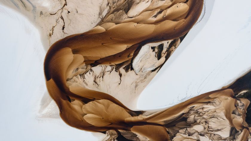 An abstract aerial view of flowing sand patterns in rich browns and whites, resembling organic shapes and textures against a stark background