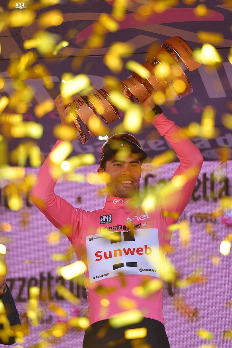 Tom Dumoulin celebrates his first Grand Tour title.