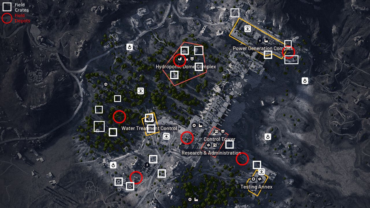 Arc Raiders Field Depot crate locations: An annotated Dam Battlegrounds map with red circles to denote Field Depots and white squares to show field crates.