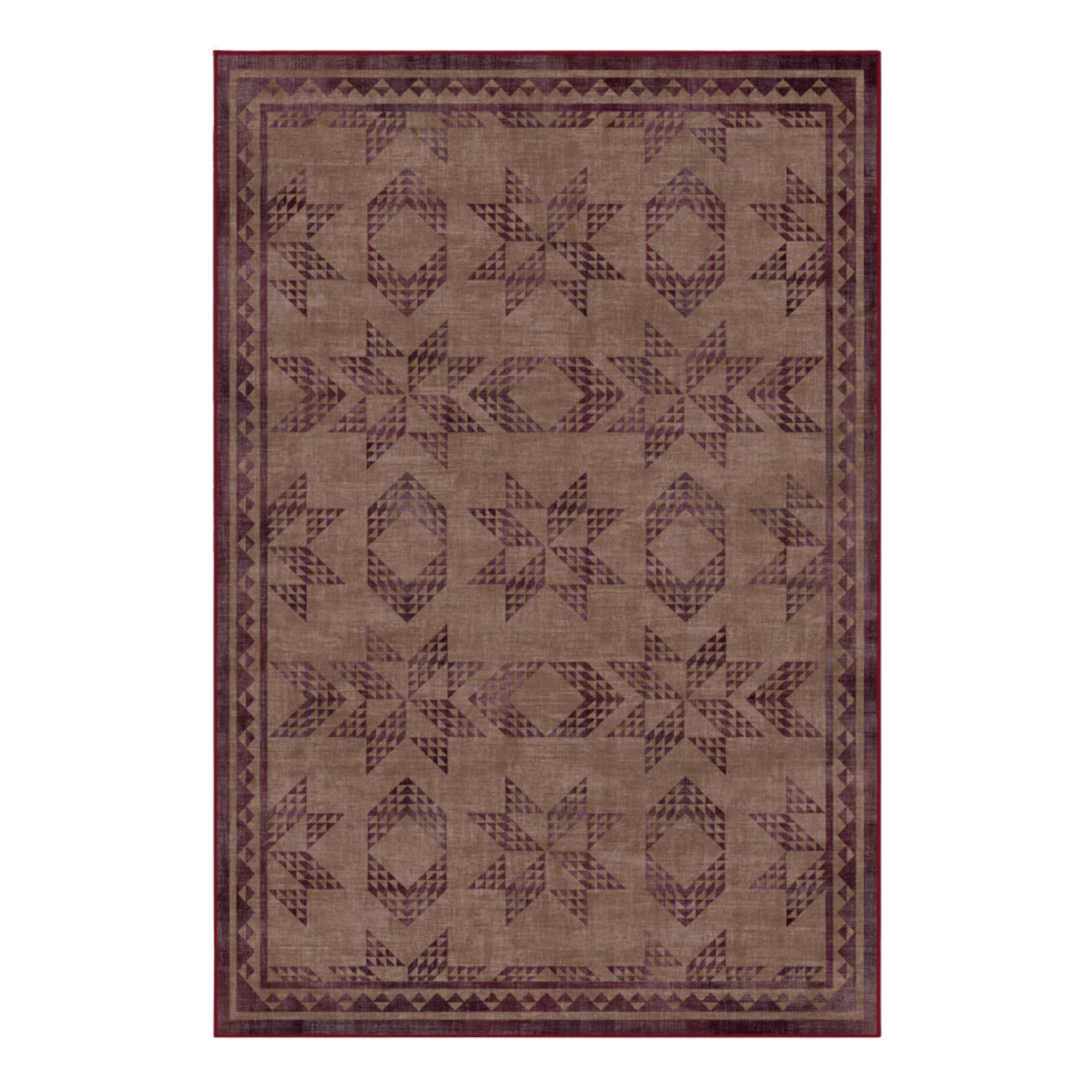 a red rug with a patchwork-inspired design