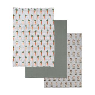 bunny printed tea towel with white background