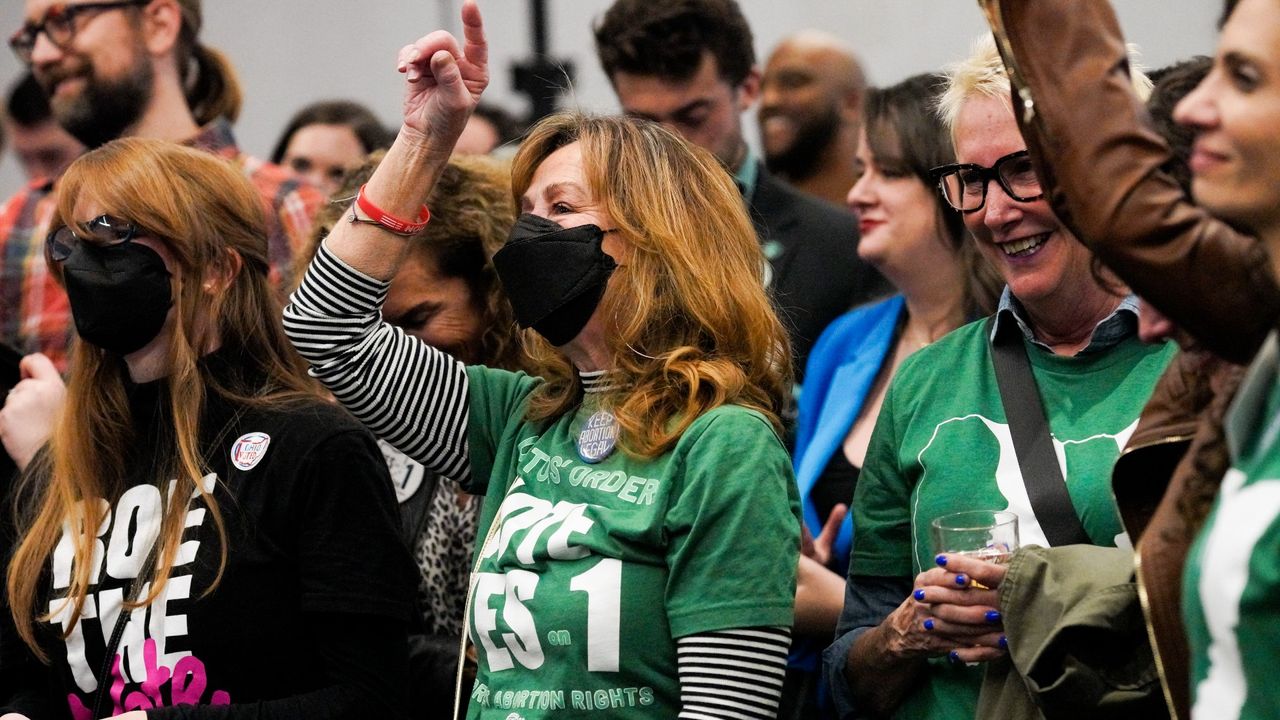 Supporters of Ohio Issue 1 cheer as results come in at a watch party hosted by Ohioans United for Reproductive Rights on November 7, 2023 in Columbus, Ohio. 