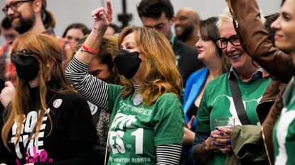 Supporters of Ohio Issue 1 cheer as results come in at a watch party hosted by Ohioans United for Reproductive Rights on November 7, 2023 in Columbus, Ohio. 
