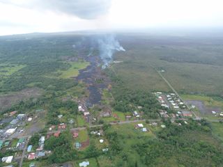 Aerial image of lava flow in Pahoa