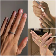 hands with shiny fingernails that are bare with yellow diamond and gold rings; bare nails with a diamond ring on the middle finger; two hands with bare nails and a white pencil drawing underneath the nails