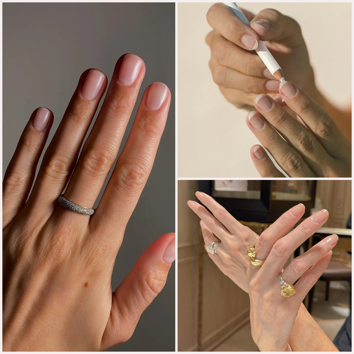 hands with shiny fingernails that are bare with yellow diamond and gold rings; bare nails with a diamond ring on the middle finger; two hands with bare nails and a white pencil drawing underneath the nails