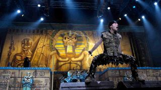 Iron Maiden performing onstage in 2008