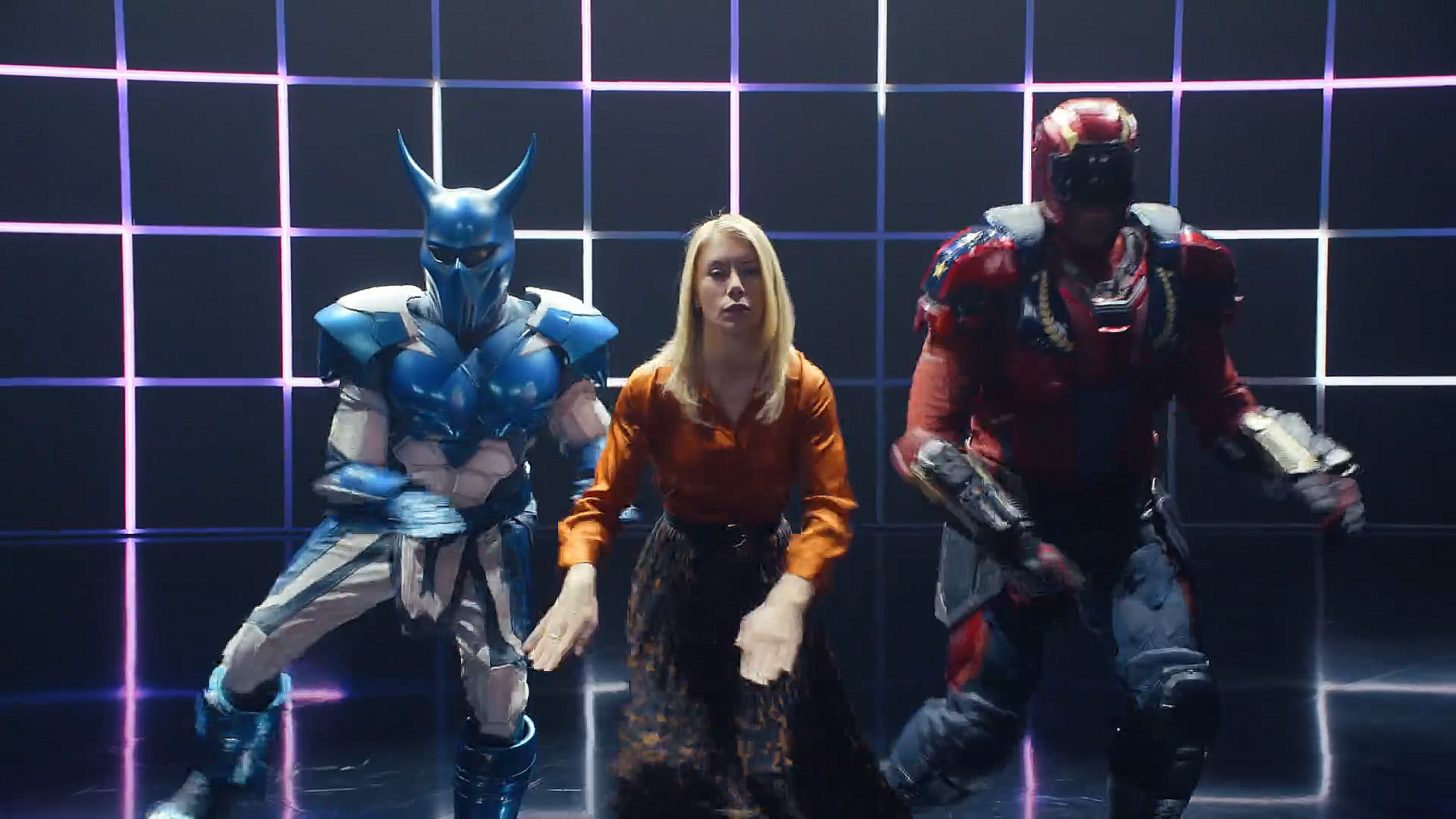 White Dragon, Emilia Harcourt, and Captain Triumph dancing in Peacemaker season 2's opening credits