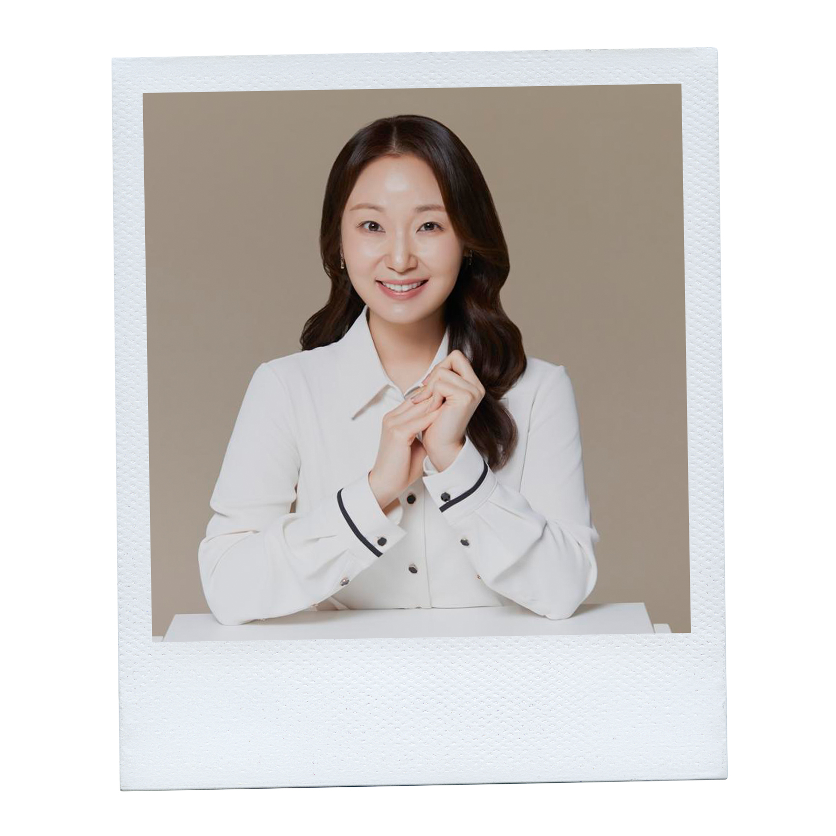 Polaroid of Yanghee Paik wearing a white button-down shirt