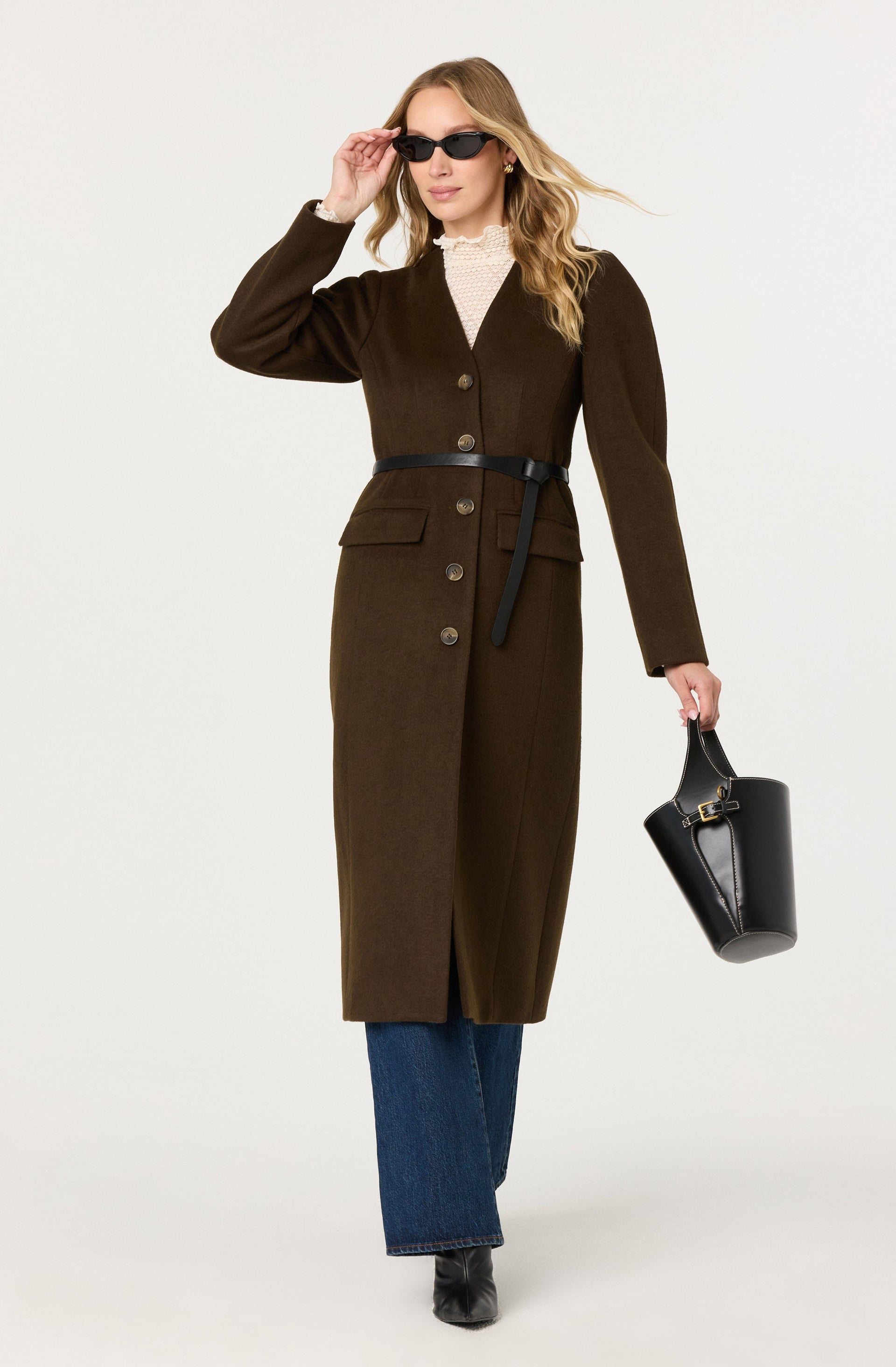Glorimar Belted Longline Coat - Dark Olive / Xs