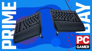 An image of a Kinesis Gaming FreeStyle Edge RGB Plus ergonomic keyboard against a stylized blue background, with Prime Day and a PC Gamer logo at the sides