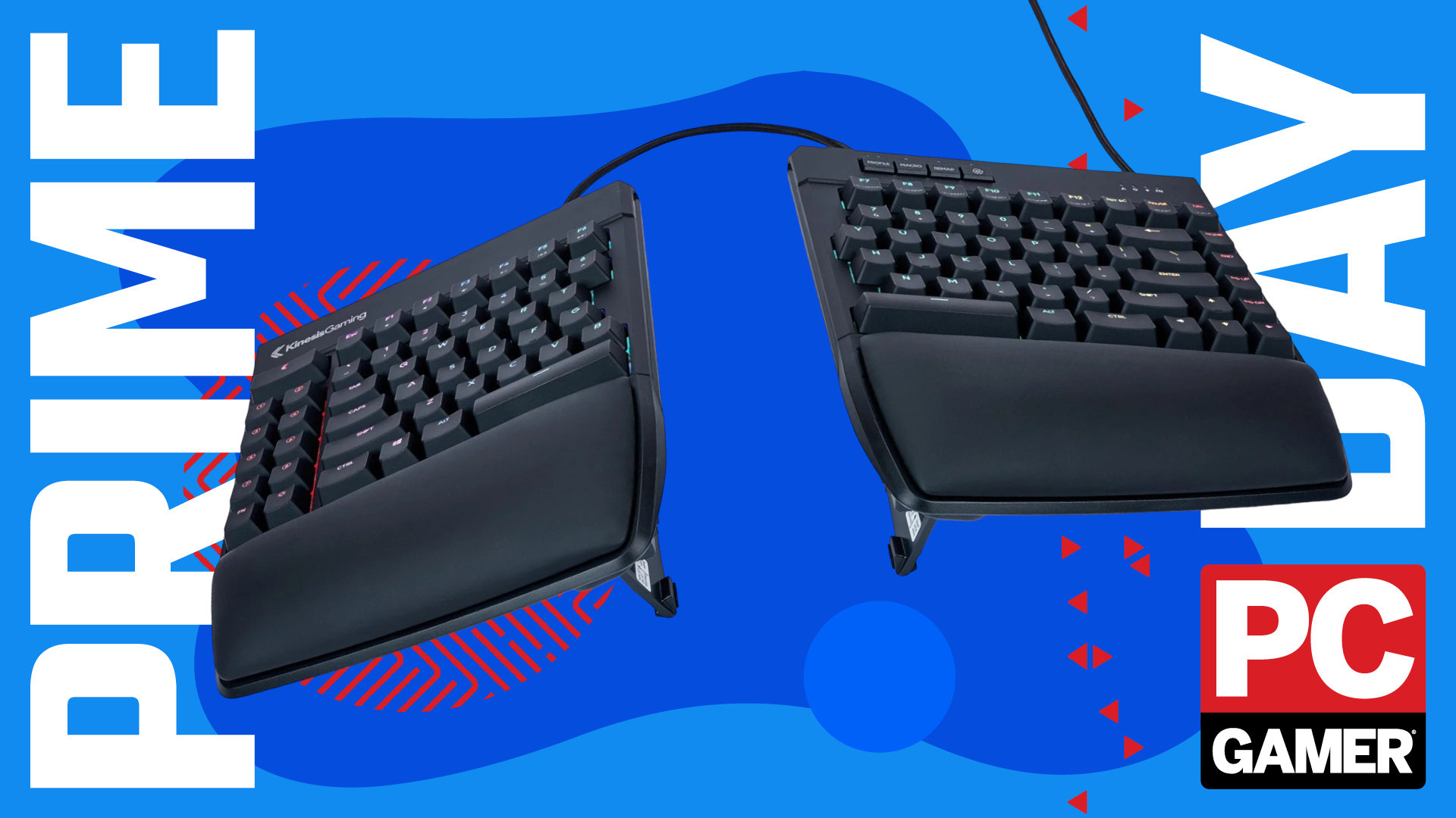 An image of a Kinesis Gaming FreeStyle Edge RGB Plus ergonomic keyboard against a stylized blue background, with Prime Day and a PC Gamer logo at the sides