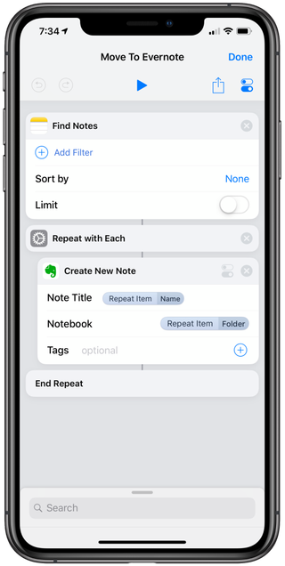 Use Find Notes, Repeat With Each, and Create New Note in Evernote to quickly move your note-taking system