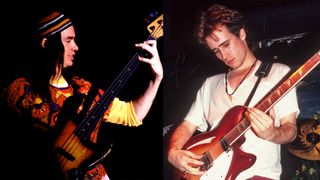 LEFT: American Jazz musician Jaco Pastorius (1951 - 1987), of the group Weather Report, plays bass as he performs onstage at the Auditorium Theater, Chicago, Illinois, February 9, 1980. RIGHT: Jeff Buckley onstage at Wetlands, 1994. New York.