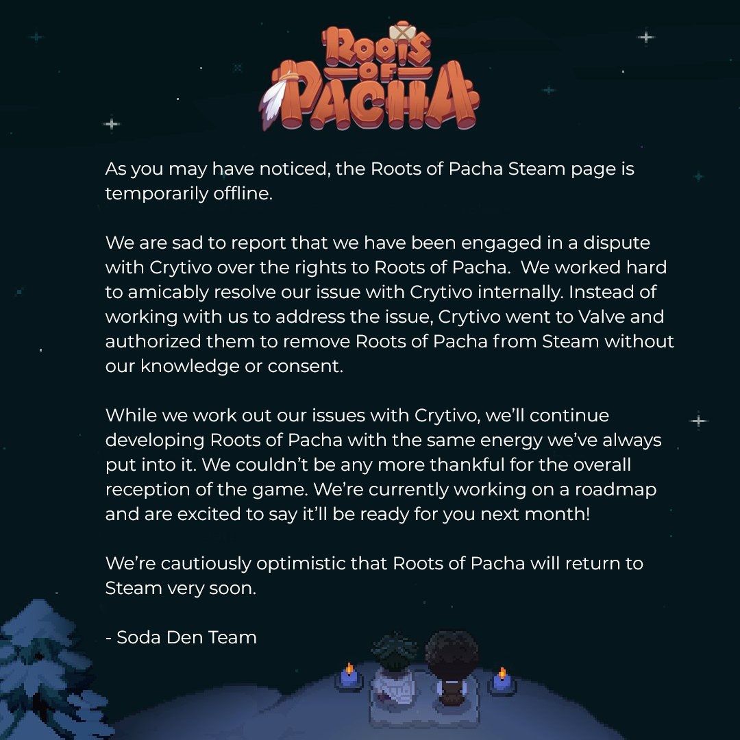 Soda Den official statement claiming Pacha's removal from Steam was an escalation by Crytivo after Soda Den had attempted to "amicably resolve the issue"