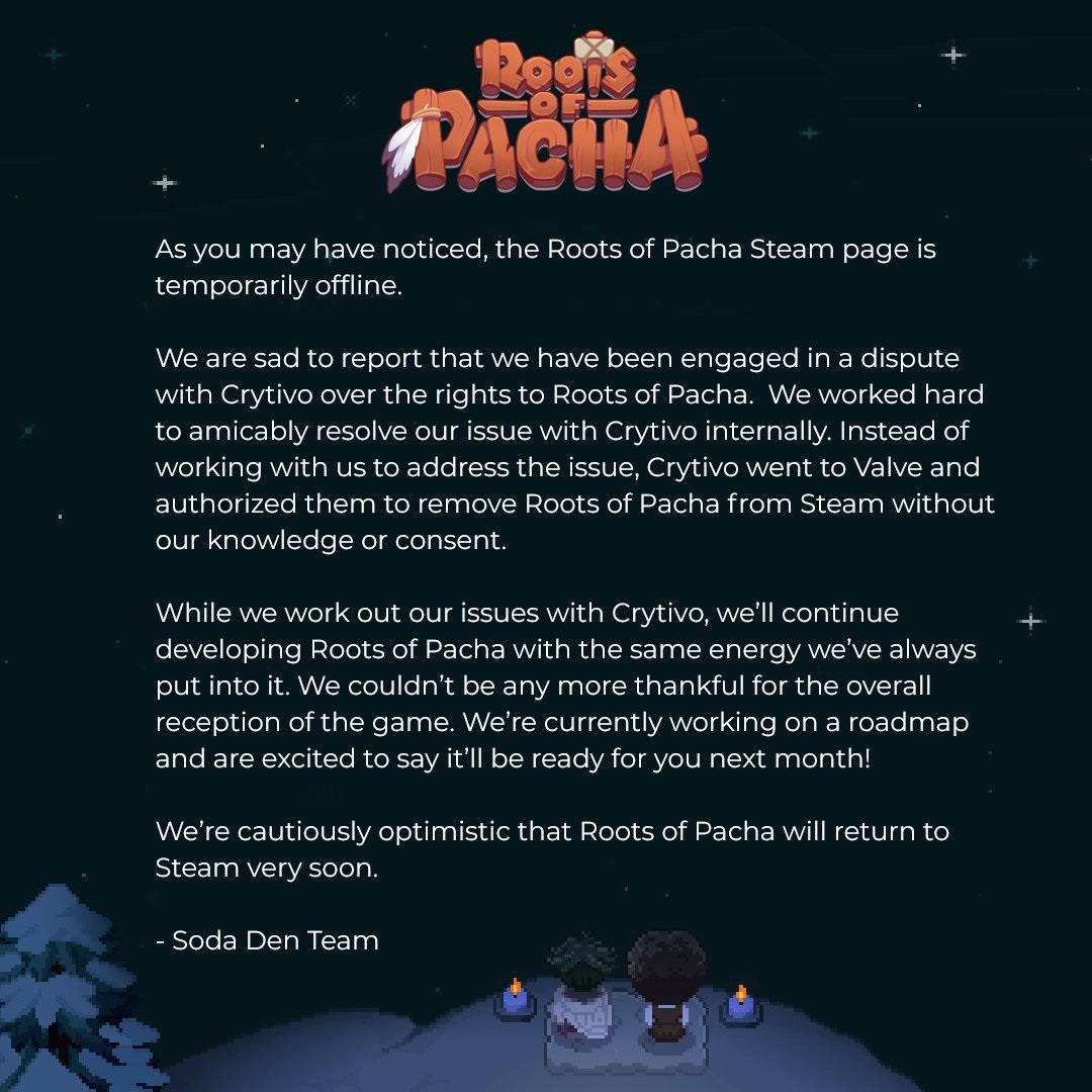 Soda Den official statement claiming Pacha's removal from Steam was an escalation by Crytivo after Soda Den had attempted to 