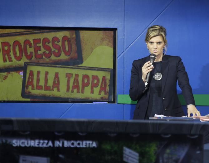 Alessandra De Stefano conducts the after stage Processo alla Tappa show at the Giro d'Italia