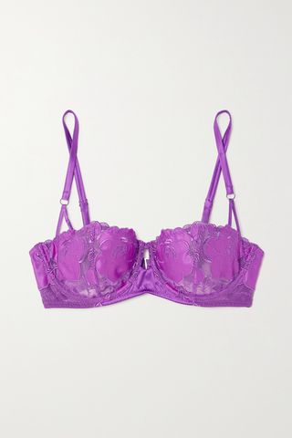 Silk-Blend Satin-Trimmed Embroidered Tulle Underwired Soft-Cup Balconette Bra