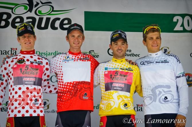 The jerseys after stage 4: Jim Stemper (5-hour Energy), Nathan Brown (Bontrager), Francisco Mancebo (5-hour Energy), Guillaume Boivin (Canada)