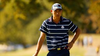 Collin Morikawa of Team United States looks across the ninth hole during the Friday afternoon fourball matches of the 2023 Ryder Cup at Marco Simone Golf Club on September 29, 2023 in Rome, Italy.