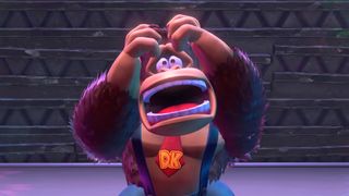 Donkey Kong shouts in shock in Donkey Kong Bananza