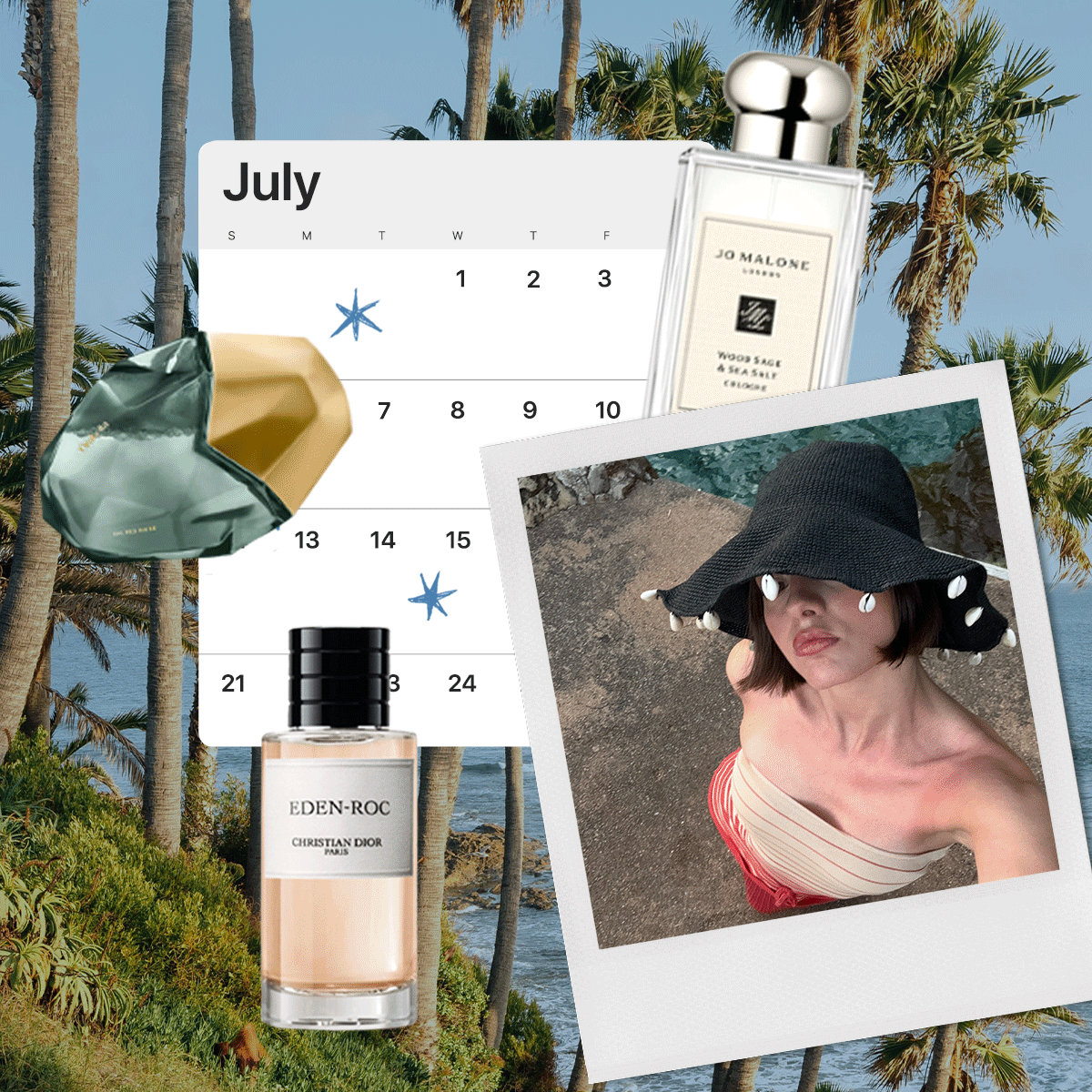 A collage of landscape images and pictures of women in beachy areas scattered around a calendar overlaid with salty perfumes.