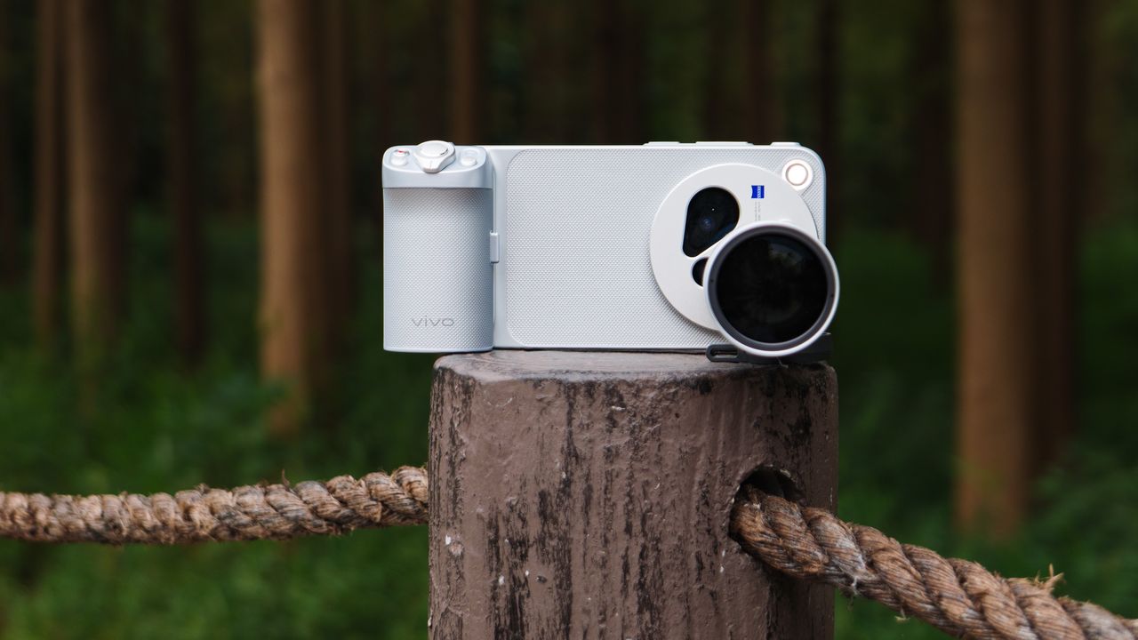 The Vivo X500 Pro Max phone with teleconverter lens attached, on a wooden post besides walkway in a birdlife reserve in Shanghai, China