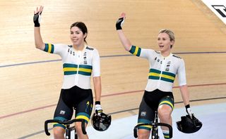 Georgia Baker and Annette Edmondson of Australia celebrate victory in the final of the Women's Madison 30km event during the 2019 Brisbane Track World Cup