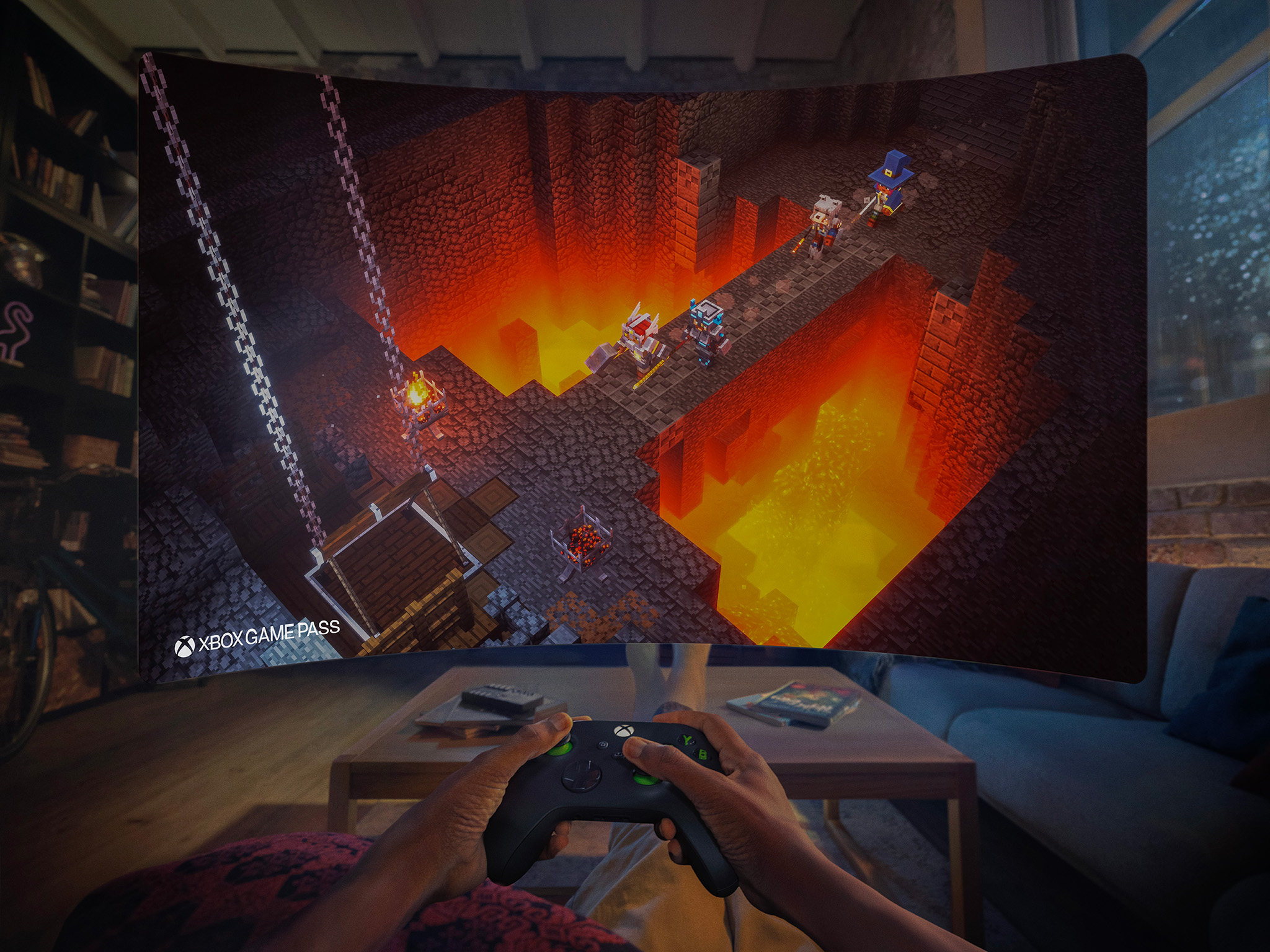 An official lifestyle image of someone playing Minecraft Dungeons using a Meta Quest 3S Xbox Edition headset